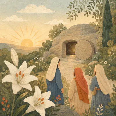 Easter Lily Beside Empty Tomb at Sunrise