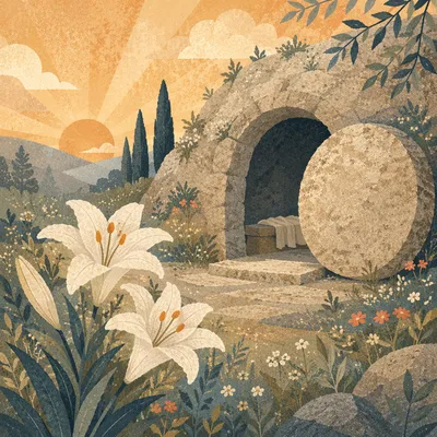 Easter Lilies by Empty Tomb at Dawn