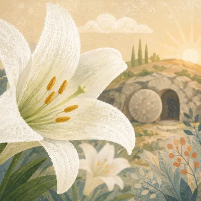 Easter Lily and Empty Tomb at Dawn