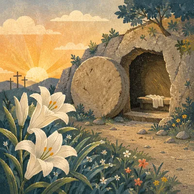 Easter Lilies Beside Empty Garden Tomb