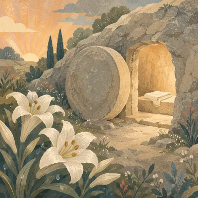 Easter Lilies Beside the Empty Tomb
