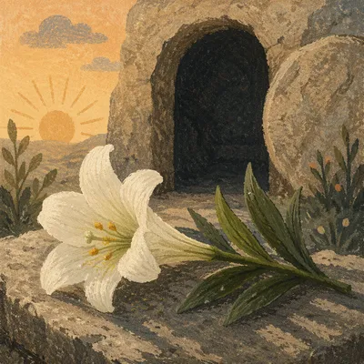 Easter Lily Beside Empty Tomb at Dawn