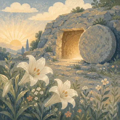 Easter Lilies Beside the Empty Tomb
