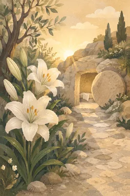Easter Lilies Beside Empty Tomb at Sunrise