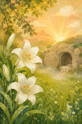 Easter Lilies Beside the Empty Tomb