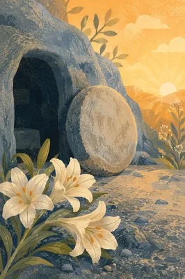 Easter Lilies Beside Empty Tomb at Dawn