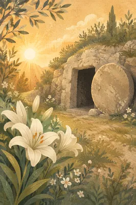 Easter Lilies by Empty Tomb at Sunrise