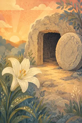 White Easter Lily Beside Empty Tomb