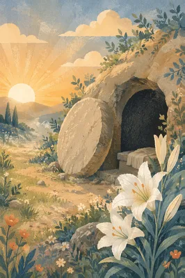 Easter Lilies Beside the Empty Tomb
