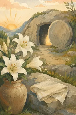 Easter Lilies Beside Empty Garden Tomb