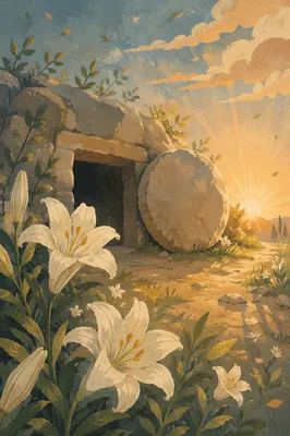 Easter Lilies Beside the Empty Garden Tomb