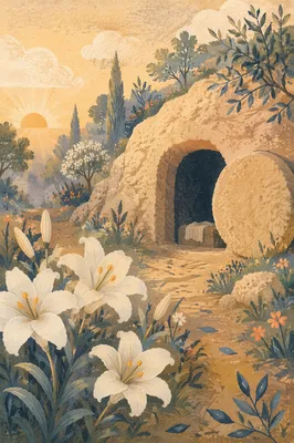 Easter Lilies Beside Empty Garden Tomb