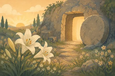 Easter Lilies Beside the Empty Garden Tomb