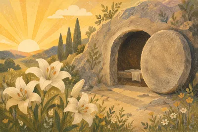 Easter Lilies Beside Empty Garden Tomb
