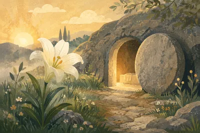 Easter Lily Beside Empty Tomb at Dawn
