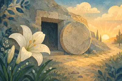 Easter Lily Beside Empty Tomb at Dawn