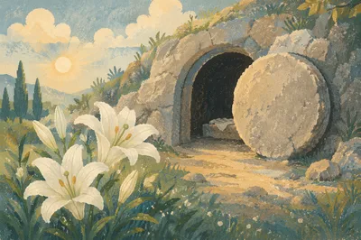 Easter Lilies by Empty Tomb at Dawn