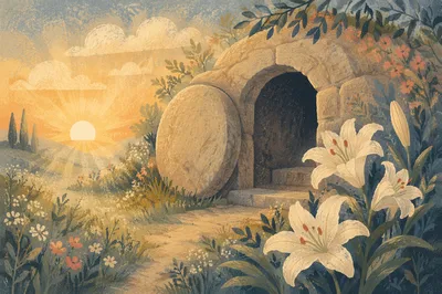 Easter Lilies Beside the Empty Tomb