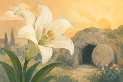 Easter Lily by Empty Tomb at Sunrise