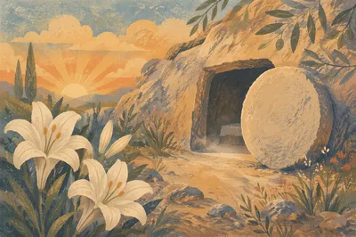 Easter Lilies Beside the Empty Garden Tomb