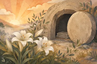 Easter Lilies Before the Empty Garden Tomb