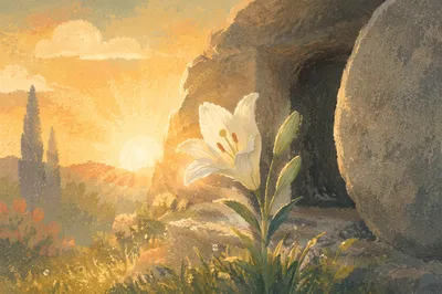 Easter Lily by Empty Tomb at Sunrise