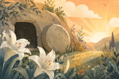 Easter Lilies Before Empty Garden Tomb