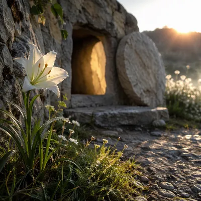 Easter Lily Beside Empty Tomb at Dawn
