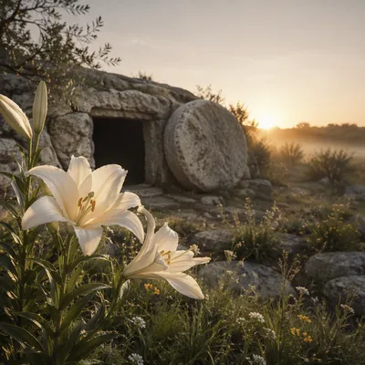 Easter Lilies Beside the Empty Tomb