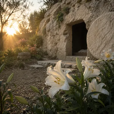 Easter Lilies Beside the Empty Garden Tomb