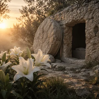 Easter Lilies Before the Empty Garden Tomb