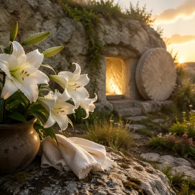 Easter Lilies Beside the Empty Garden Tomb