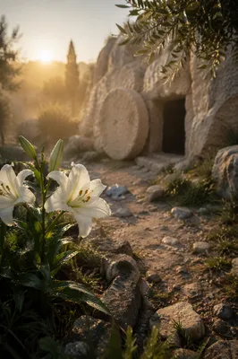 Easter Lilies Before the Empty Garden Tomb