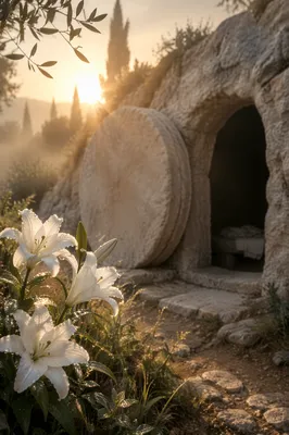 Easter Lilies Beside the Empty Tomb
