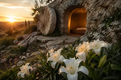 Easter Lilies Beside the Empty Tomb