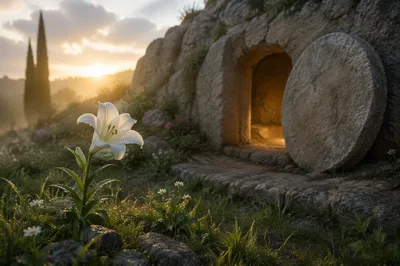Easter Lily Beside Empty Tomb at Dawn