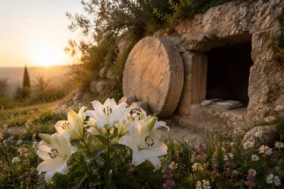 Easter Lilies Before the Empty Garden Tomb