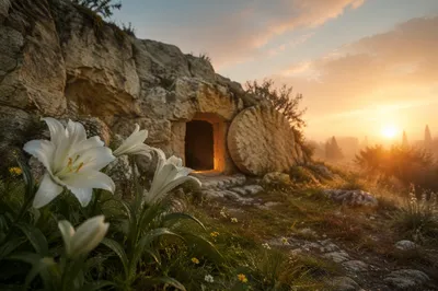 Easter Lilies Beside Empty Garden Tomb