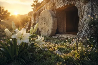Easter Lilies Beside Empty Garden Tomb