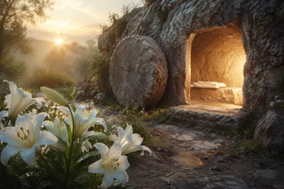Easter Lilies Beside the Empty Tomb