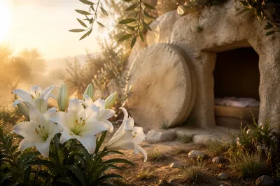 Easter Lilies Before the Empty Garden Tomb