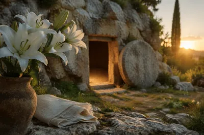 Easter Lilies Beside the Empty Garden Tomb