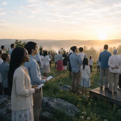 Outdoor Sunrise Gathering on Grassy Hillside