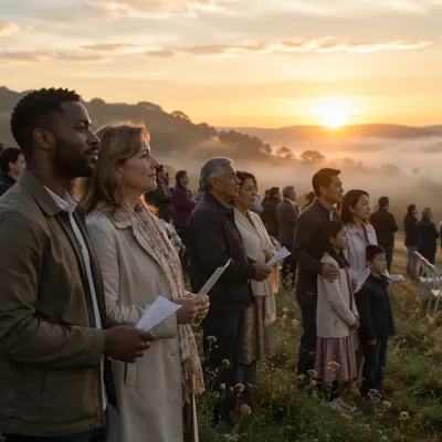 Outdoor Sunrise Congregation on Grassy Hillside