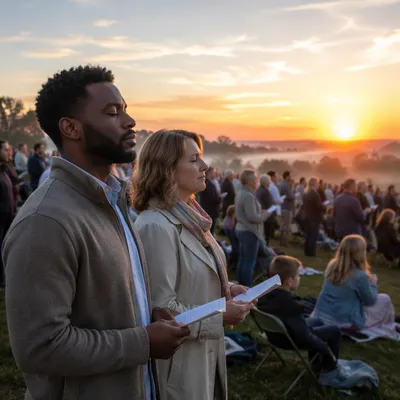 Outdoor Sunrise Congregation on Grassy Hillside