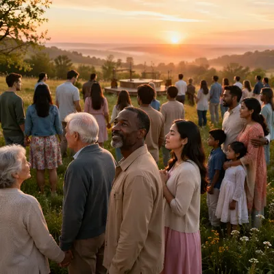 Outdoor Sunrise Gathering on Grassy Hillside