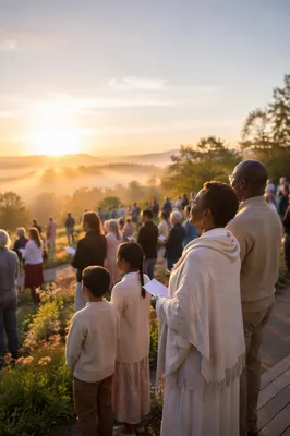 Congregation Gathering on Grassy Hillside at Sunrise