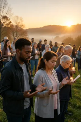Outdoor Dawn Gathering on Grassy Hillside