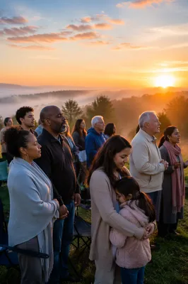 Outdoor Congregation at Sunrise on Hillside