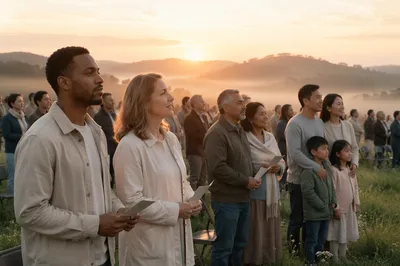 Outdoor Sunrise Congregation on Grassy Hill